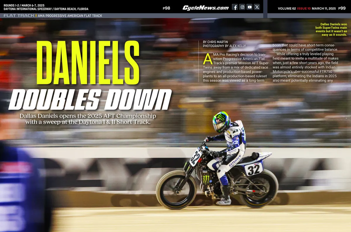 CycleNews spread from March 2025 with a flat-track racer sliding through a turn at Daytona under the headline Daniels Doubles Down