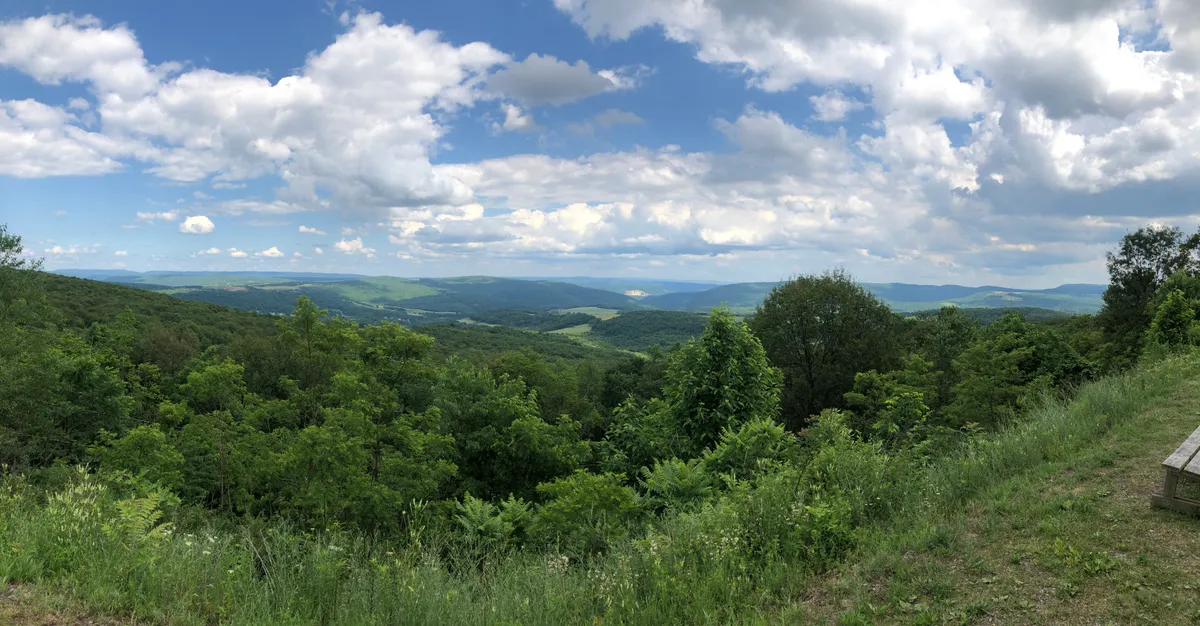 Overlook of rolling green valleys under puffy clouds