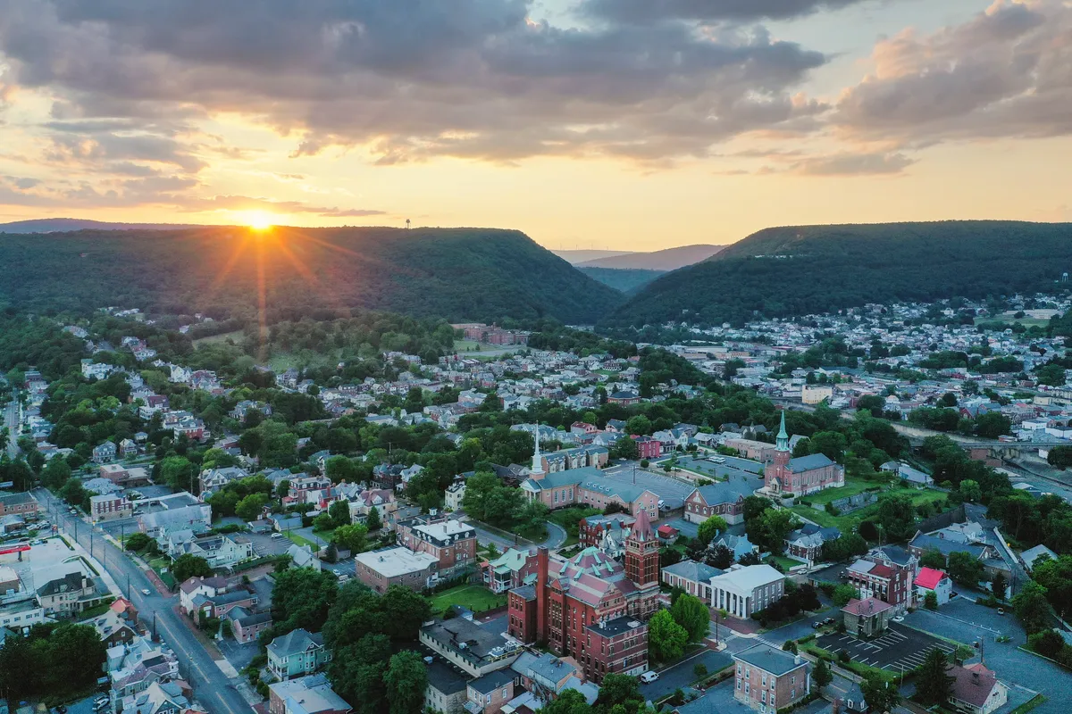 Drone view of sunset over Cumberland and the gap in the ridges