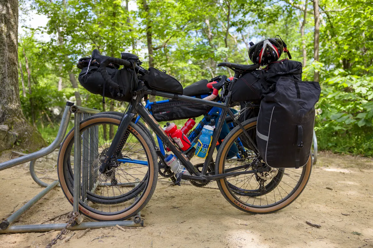 Loaded bike parked in a bike rack at Great Falls