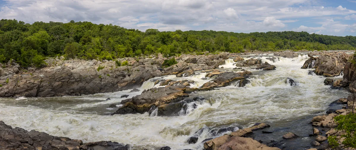 Wide view of the Great Falls of the Potomac, whitewater pouring over rocks