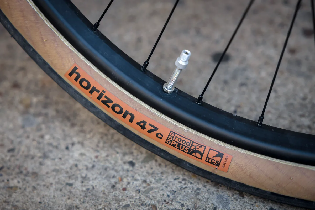 Close-up of the bike's Horizon 47c 650B tire