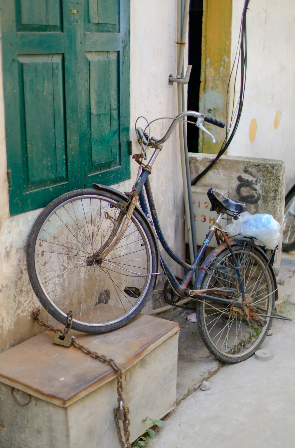 Old bicycle leaning against a green door