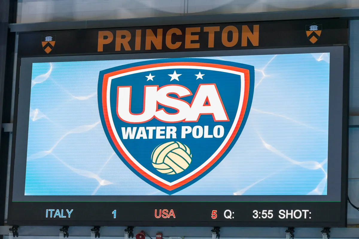 Princeton arena scoreboard showing the USA Water Polo shield, Italy 1, USA 8