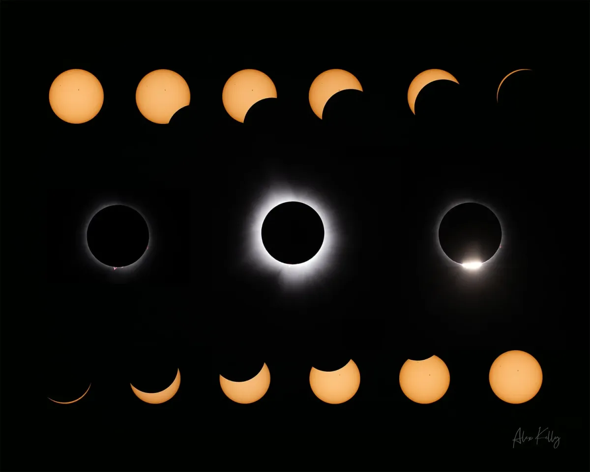Grid of eclipse stages from partial to totality