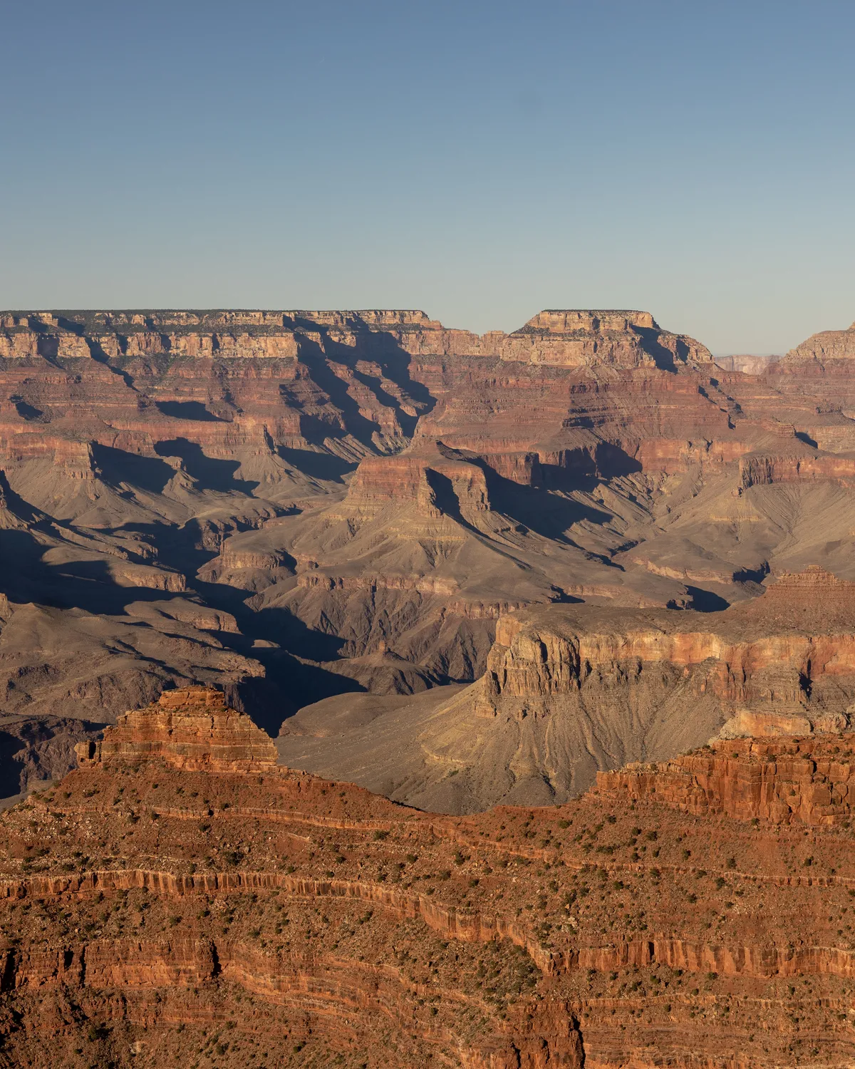 Layered red cliffs and buttes of the Grand Canyon in warm low light